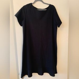 Black tee shirt sheath dress with ruffle hem, heavy jersey